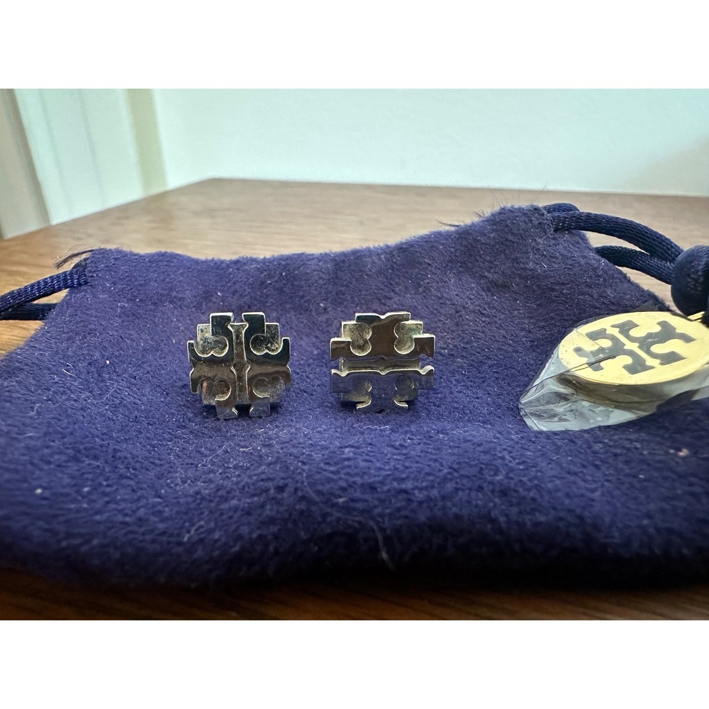 Tory Burch Silver Tone Double T Logo Stud Earrings with Dust Bag